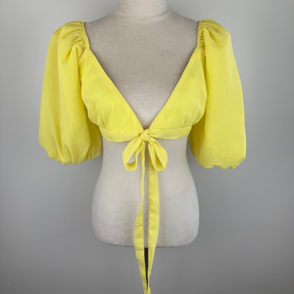 Missguided Yellow‎ Puff Sleeve Tie Front Crop Top Womens US 4 Summer Boho Cute